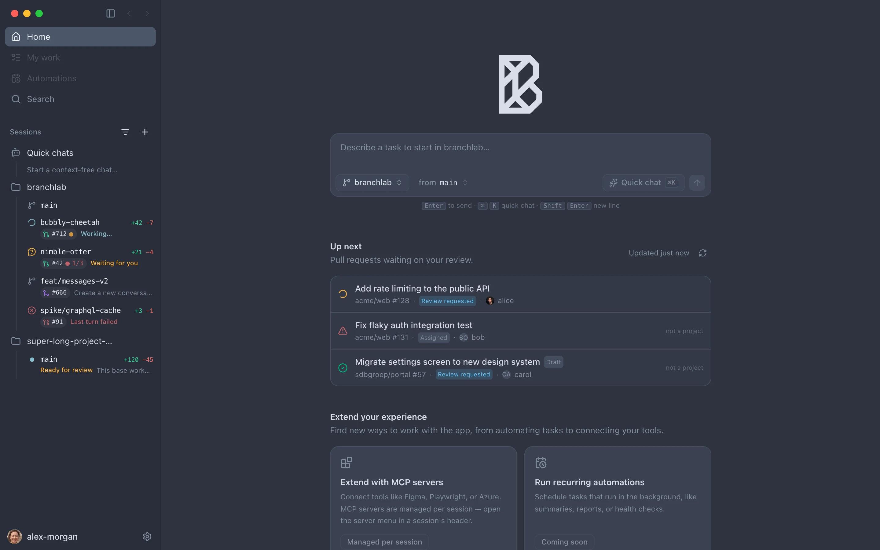 BranchLab home screen in dark mode with a prompt composer, project and branch selectors, and an 'Up next' inbox of pull requests waiting for review