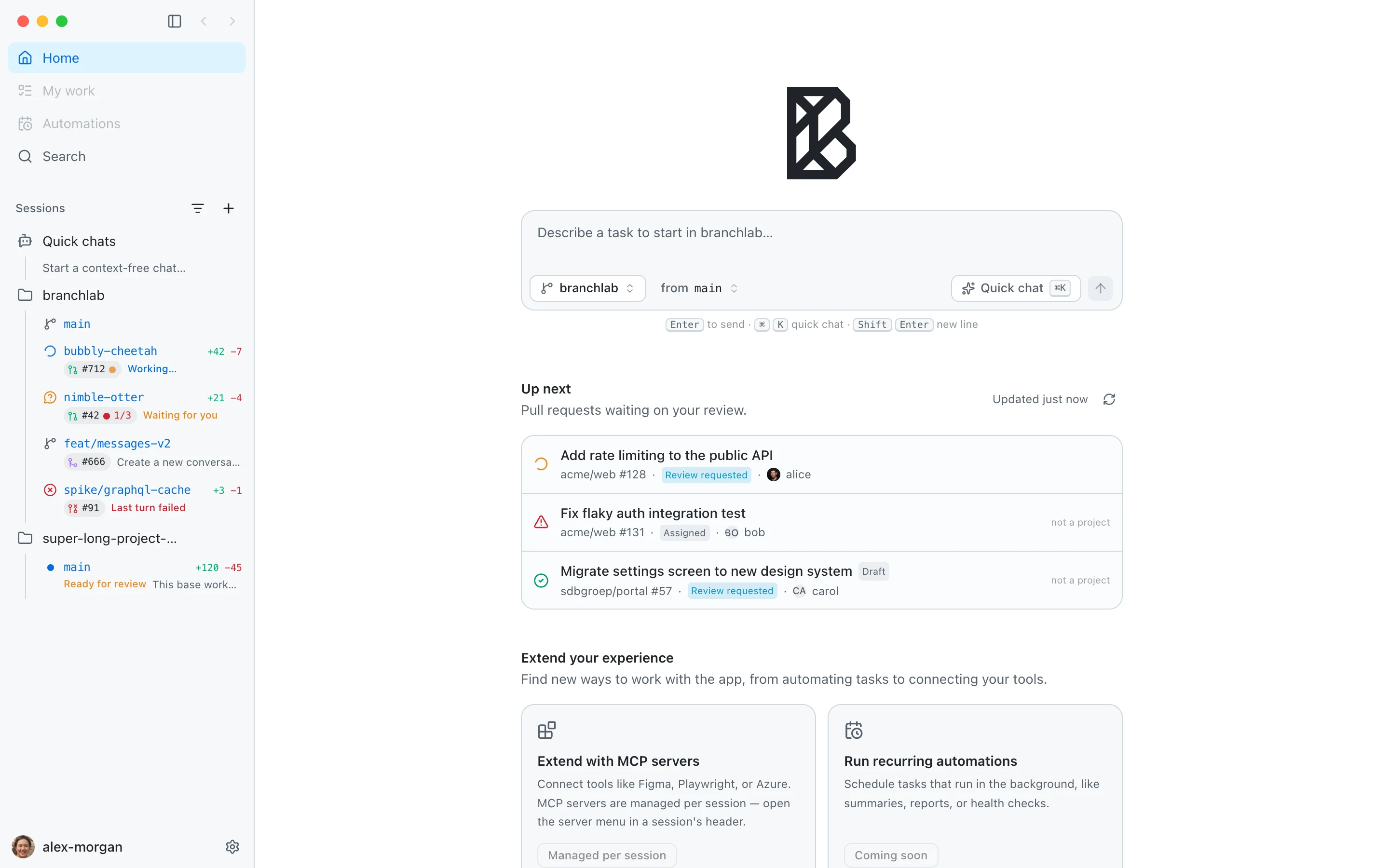 BranchLab home screen in light mode with a prompt composer and review inbox
