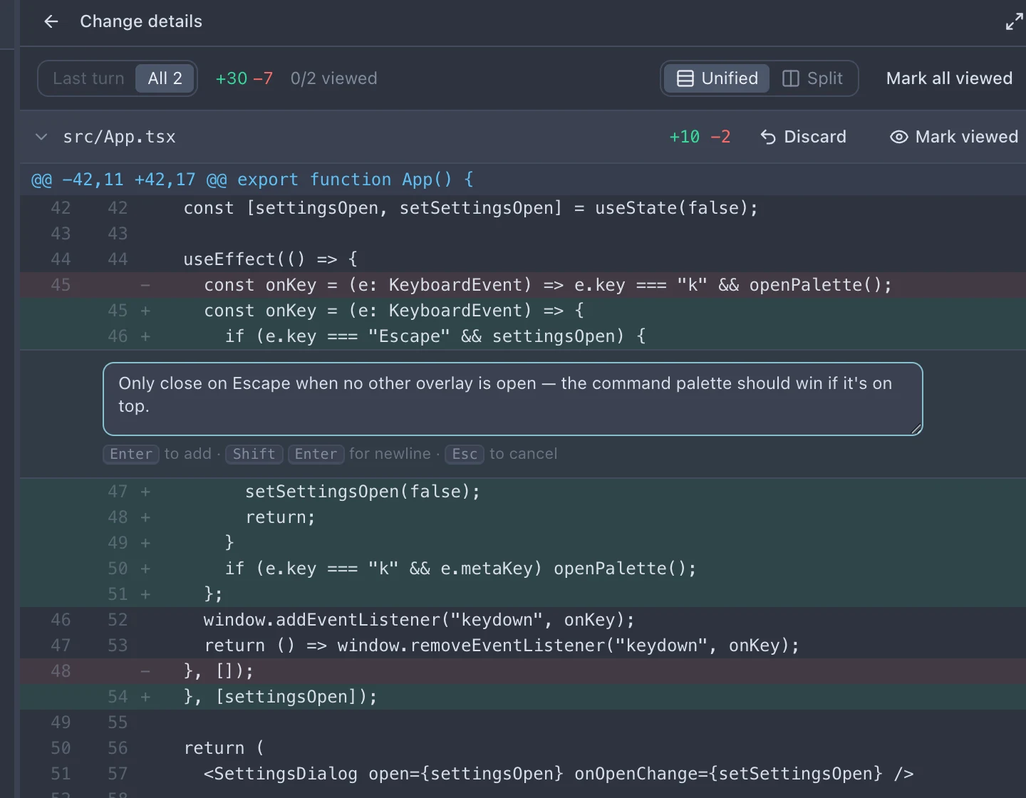 BranchLab changes panel in dark mode with a unified diff and an inline review comment being written on an added line
