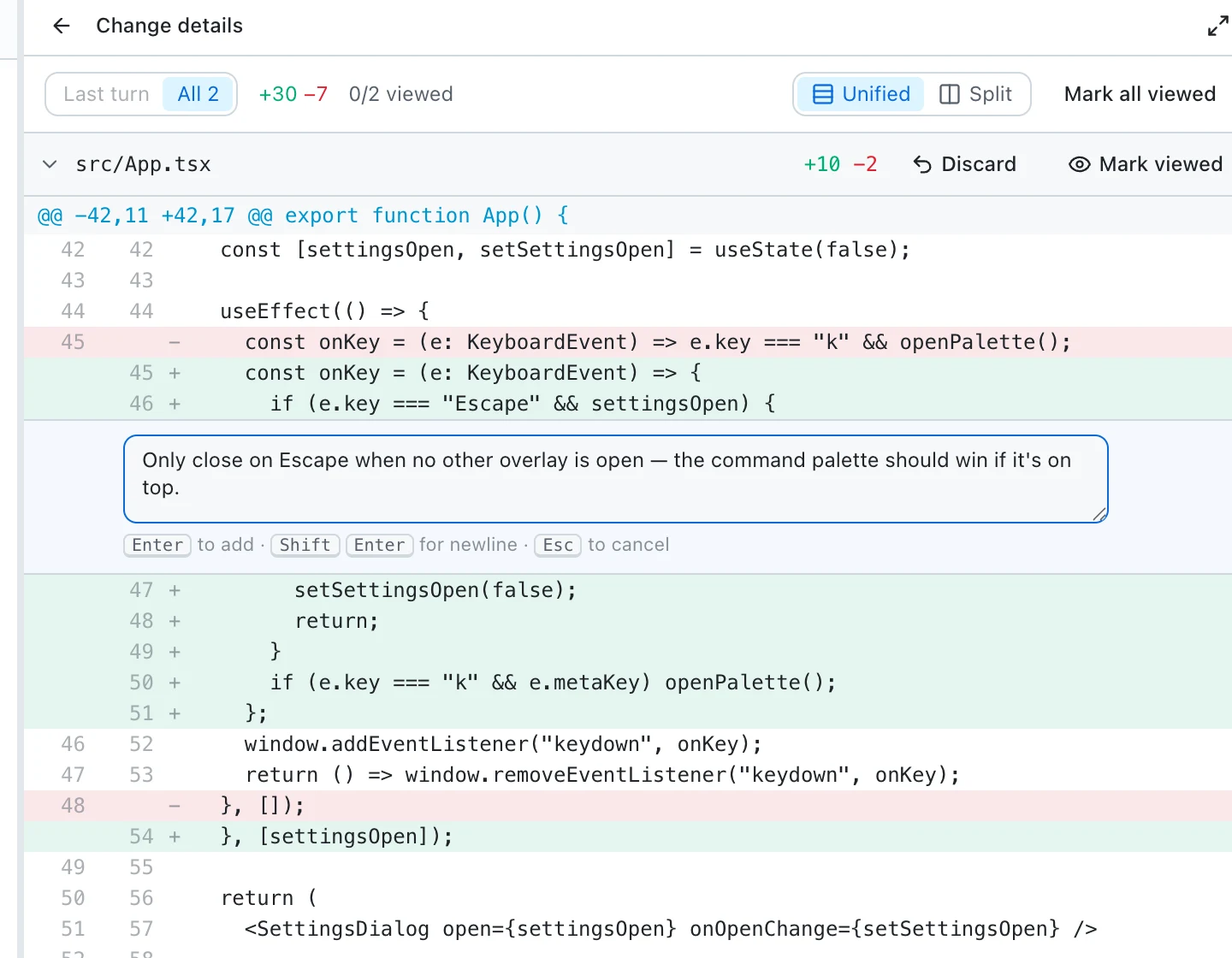 BranchLab changes panel in light mode with a unified diff and an inline review comment being written on an added line