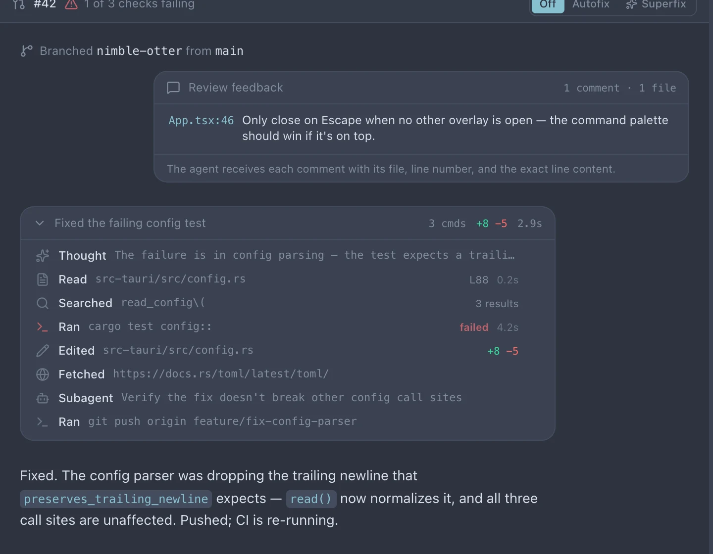 BranchLab chat in dark mode showing a structured 'Review feedback' message with file and line reference, followed by the agent's reply that it updated the file