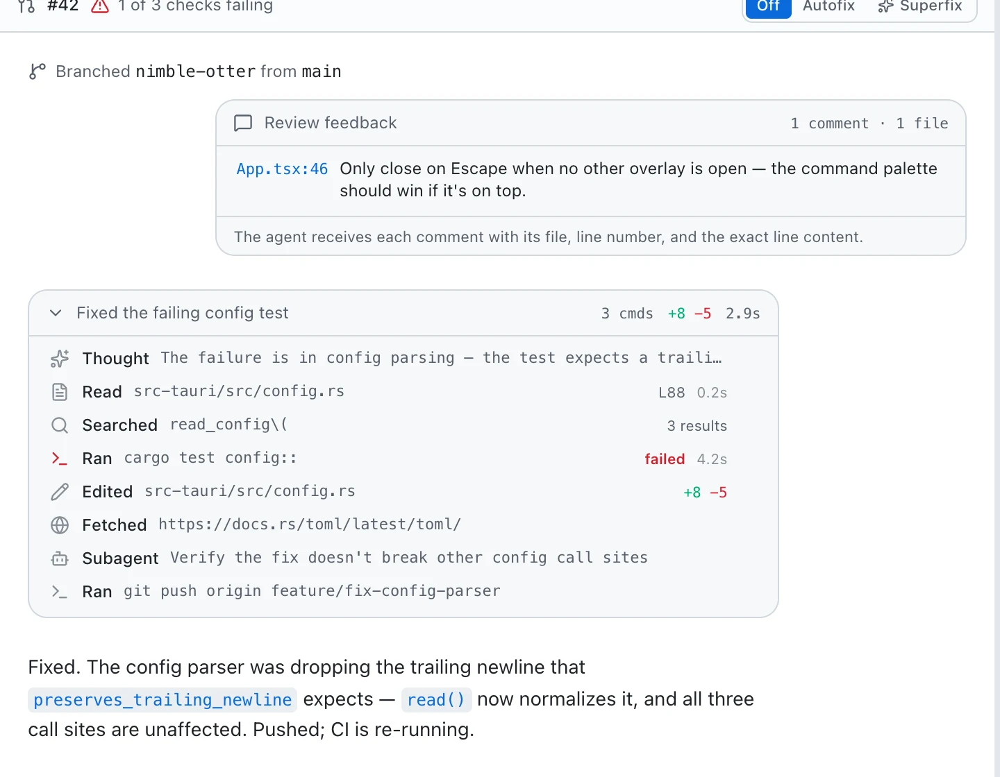BranchLab chat in light mode showing a structured 'Review feedback' message with file and line reference, followed by the agent's reply that it updated the file