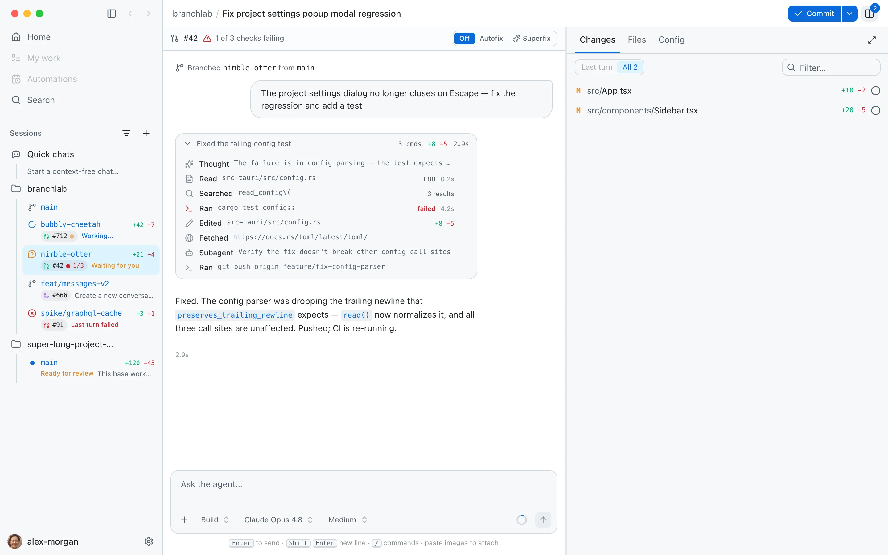 BranchLab session view in light mode: sidebar with parallel agent sessions, chat transcript, PR checks bar, and changes panel